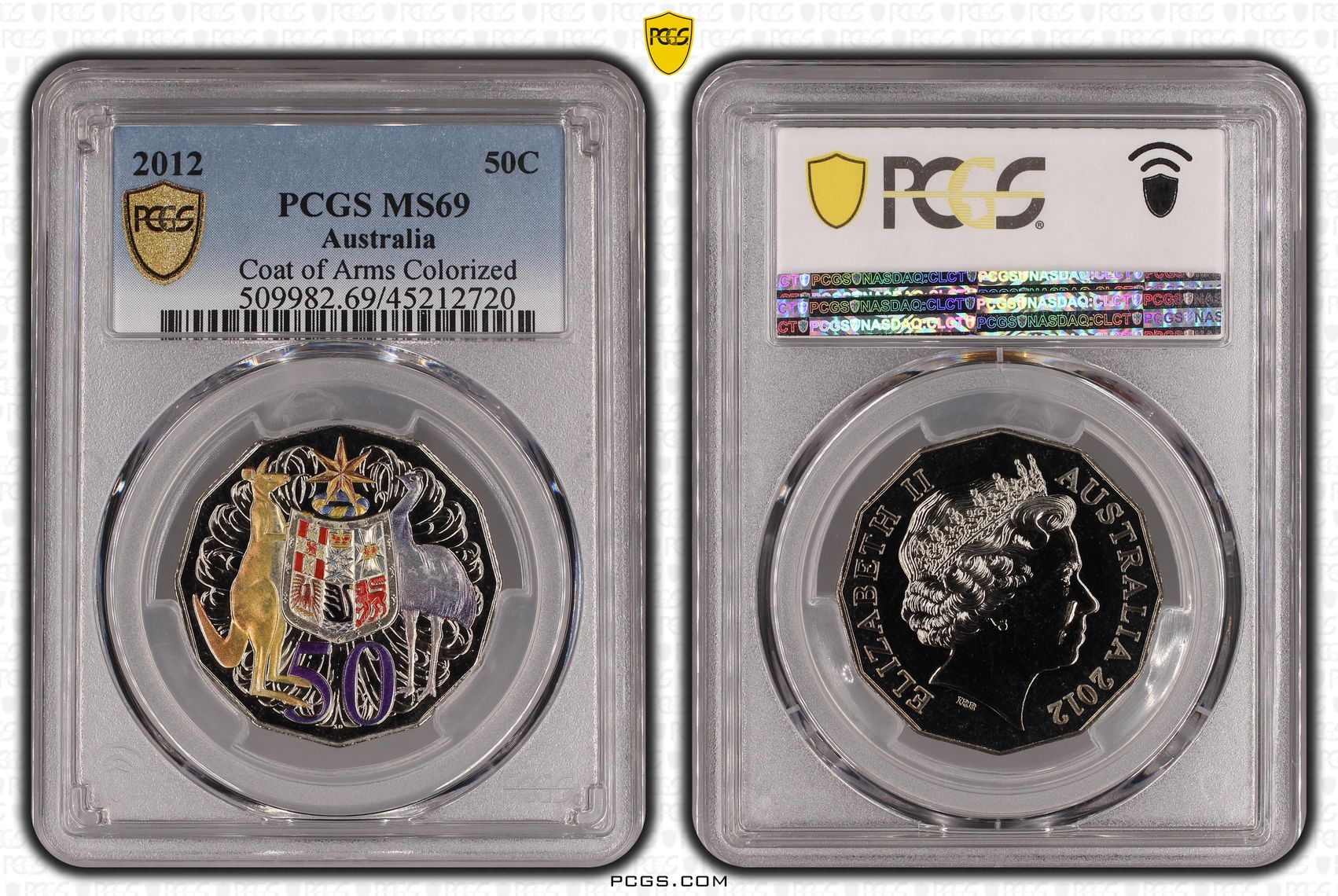 2012 Australia Fifty Cent, 50c Coat of Arms Colorized PCGS - MS69 -720