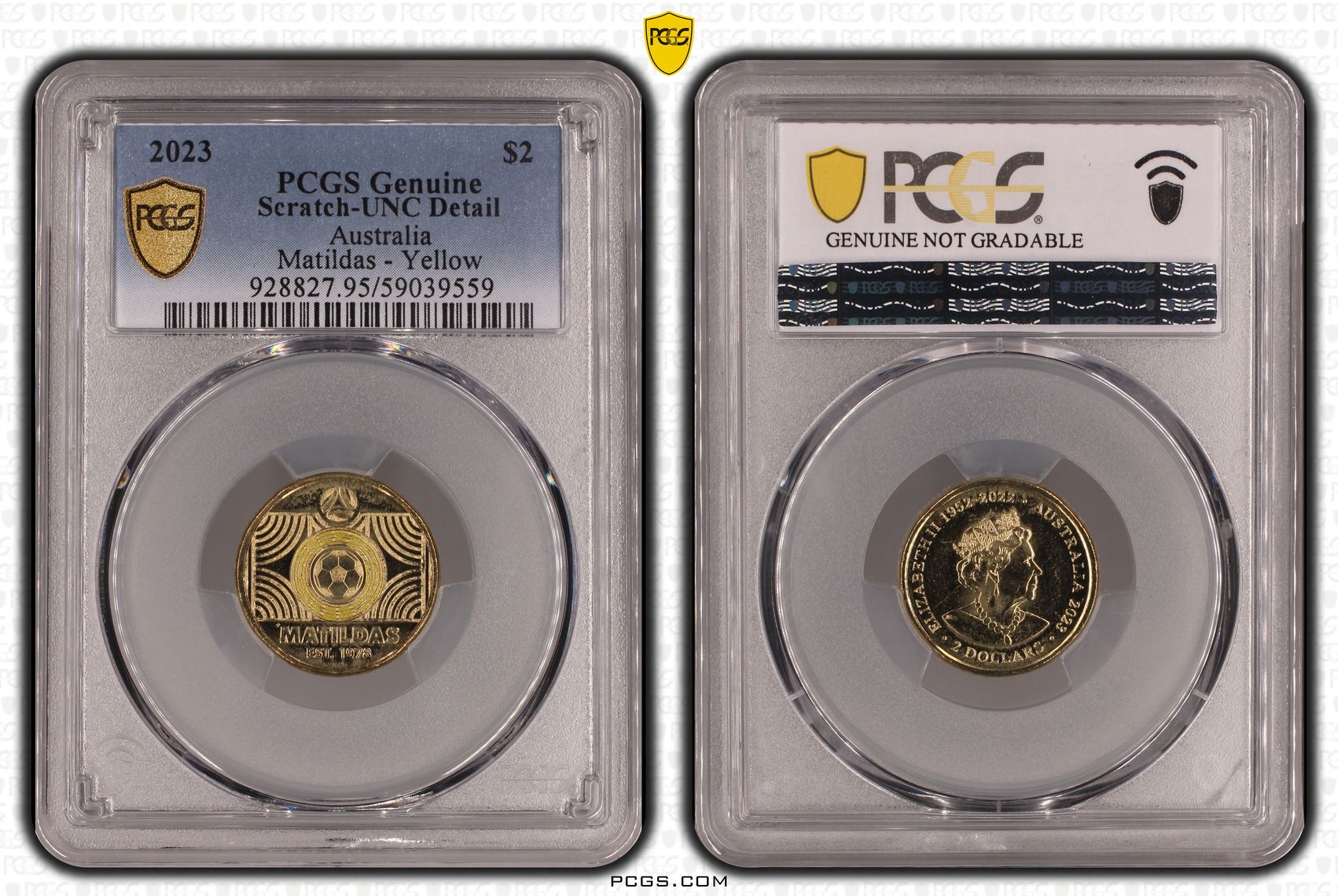Matildas - Yellow Colorized, Two Dollar, 2023, PCGS Genuine - UNC Details (95 - Scratch)
