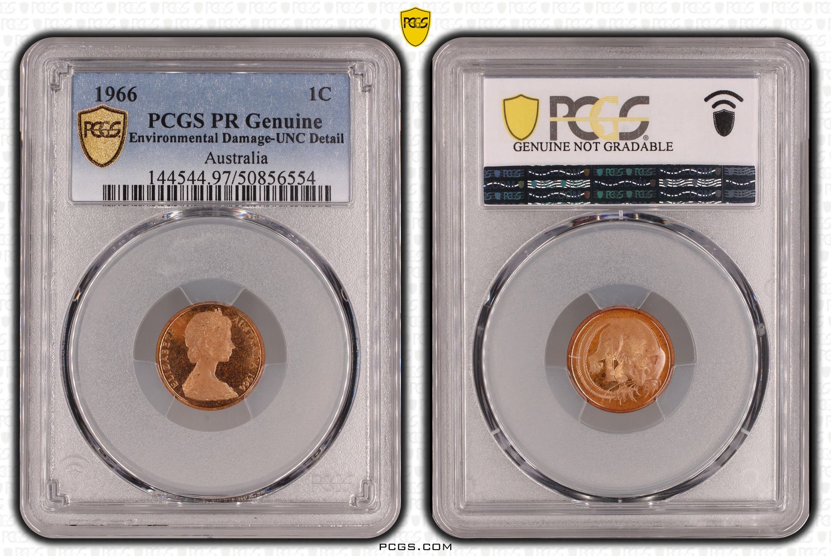One Cent, 1966, PCGS PR Genuine - UNC Details (97 - Environmental Damage)