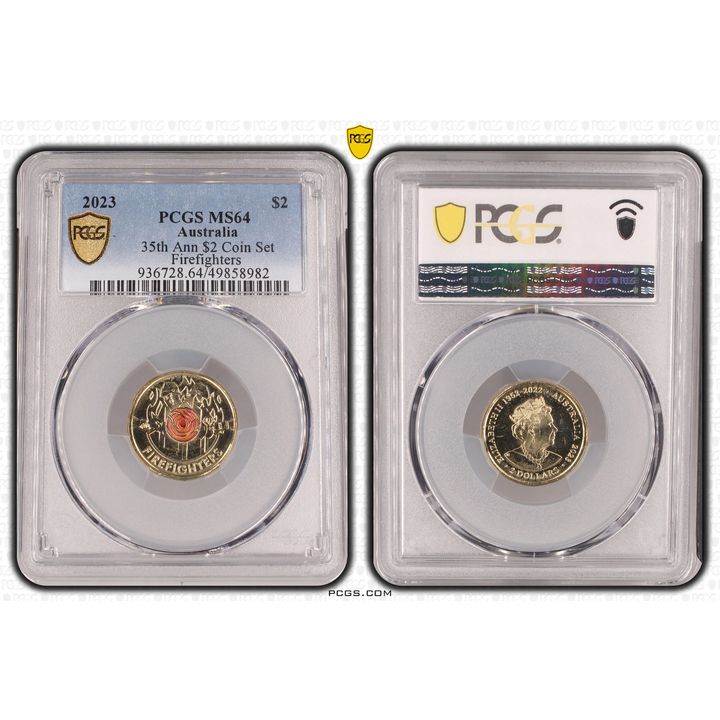 Elizabeth II, 35th Ann $2 Coin Set Colorized - Firefighters , Two Dollar, 2023, PCGS MS64