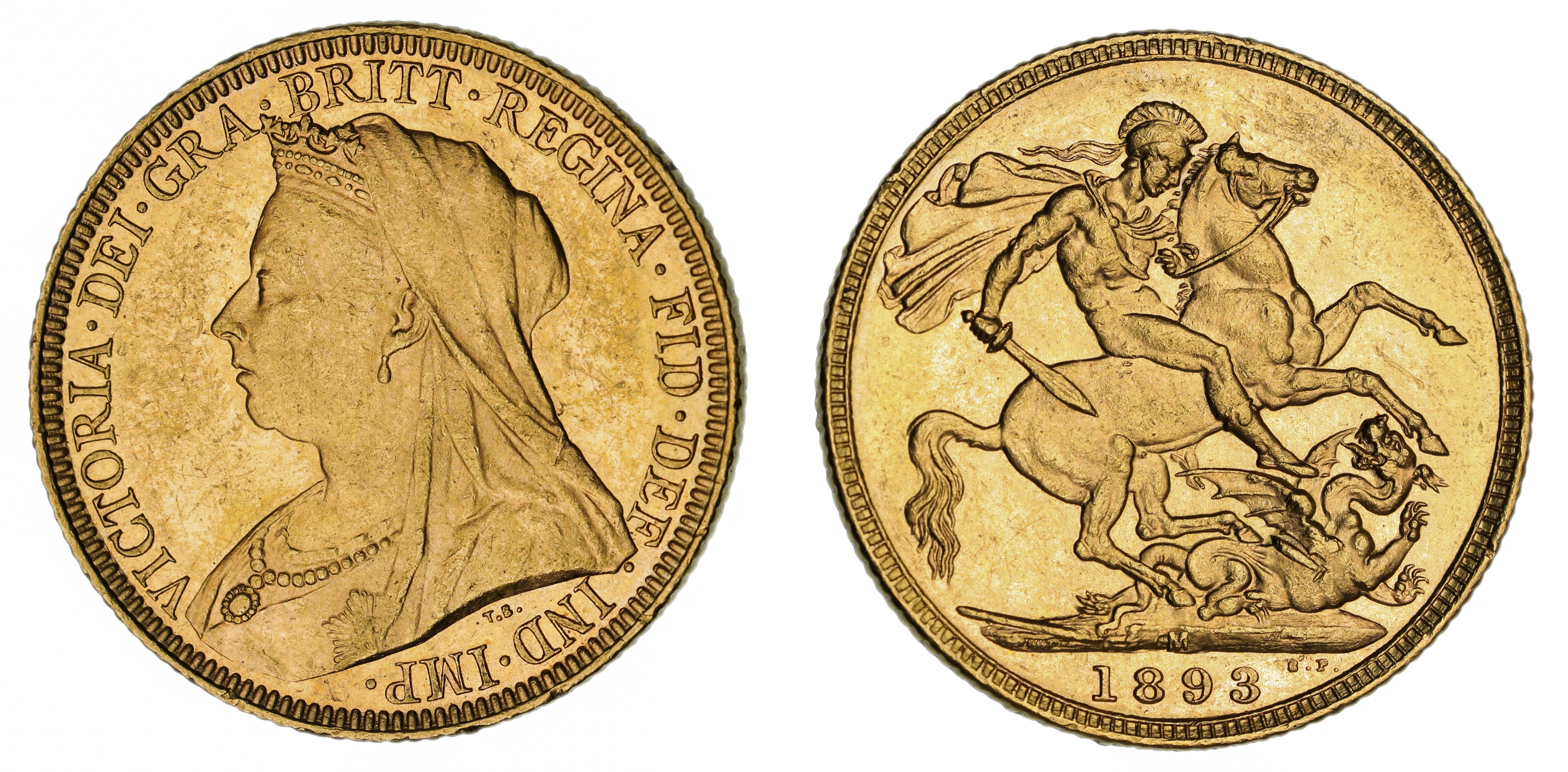 Victoria, St. George Reverse - Melbourne Mint - Veiled, Sovereign, 1893, aUNC