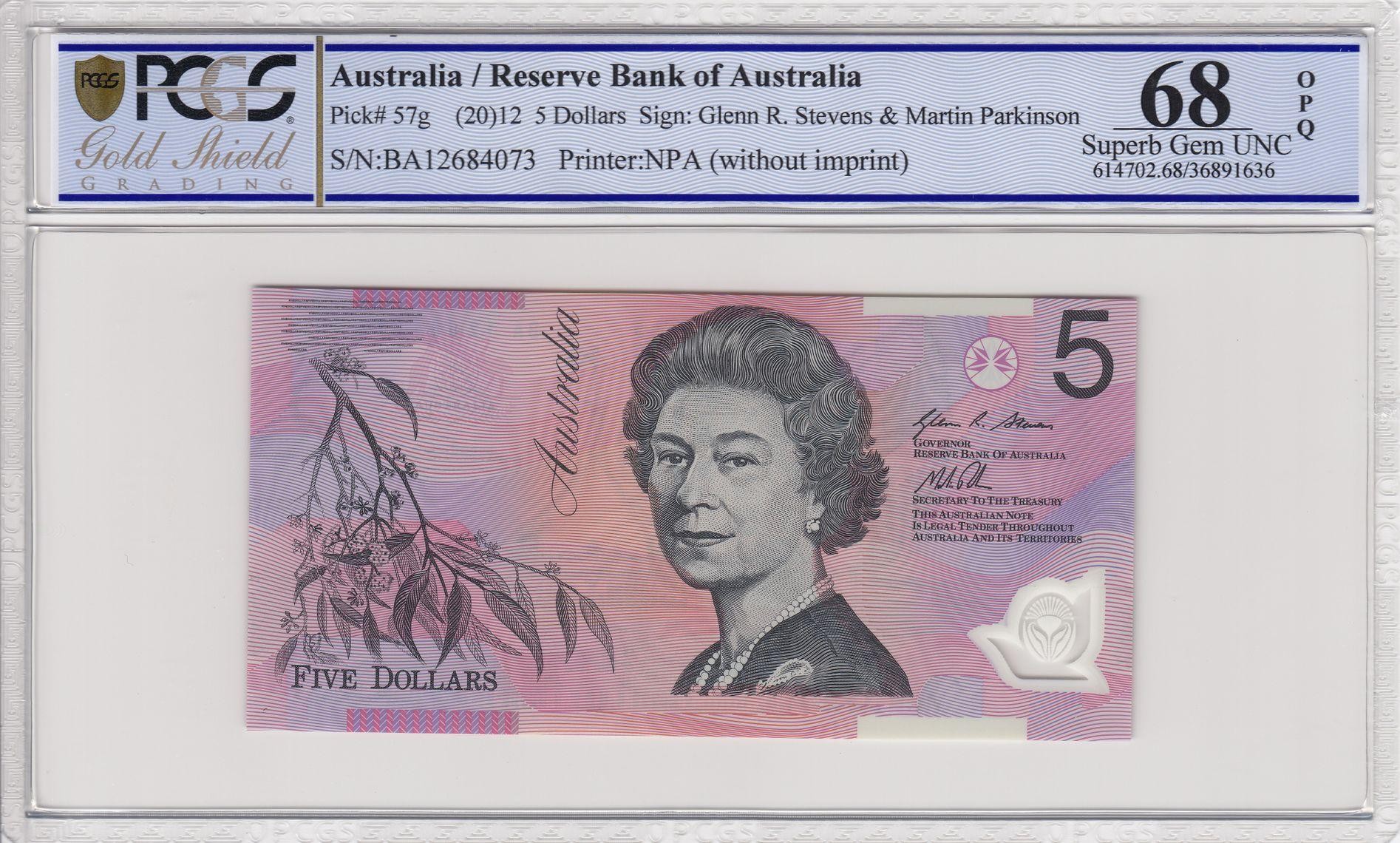 144 · RBA, Polymer, NPA (w/o imprint), Sign.: G.R. Stevens & M. Parkinson, Five Dollar, 2012, PCGS - Superb Gem UNC 68 PPQ