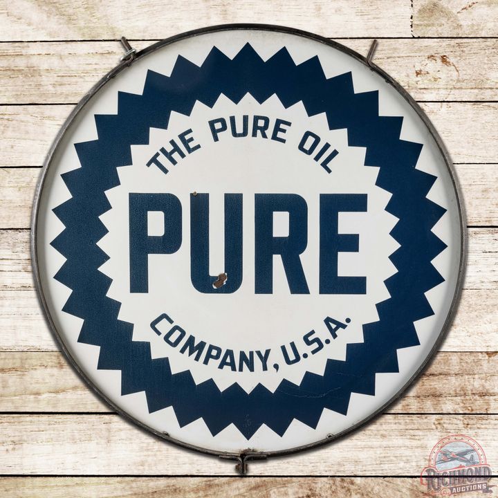 The Pure Oil Company Gasoline 42' Double Sided Porcelain Sign w/ Ring