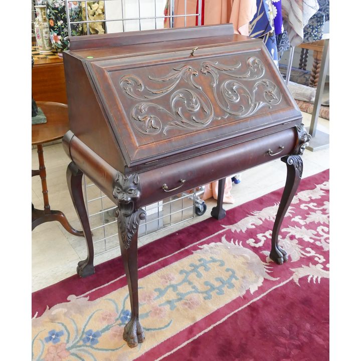 Antique Mahogany Lionhead Drop Front Desk- 40x34x19''