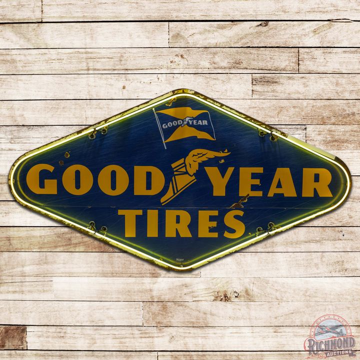 Goodyear Tires DS Porcelain Neon Sign w/ Flag & Wingfoot Logos