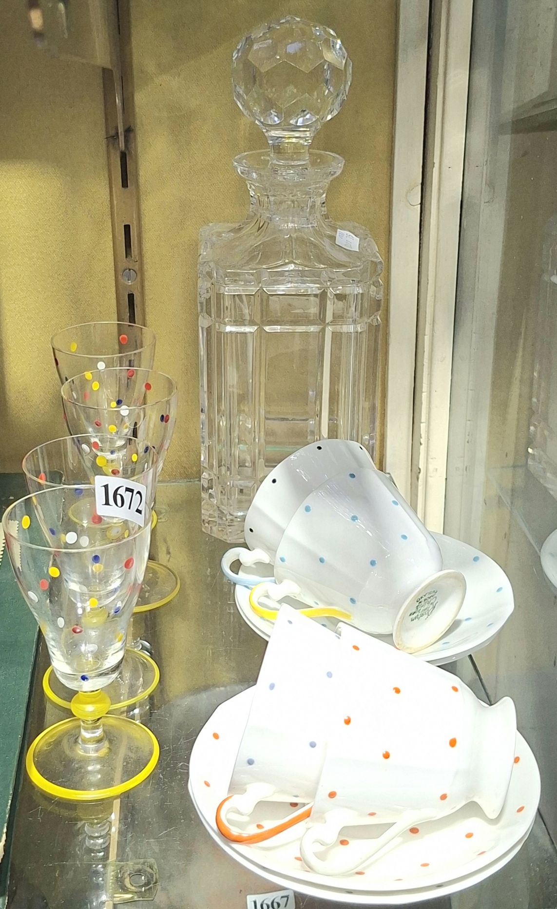 Crystal Decanter And Polka Dot Tableware