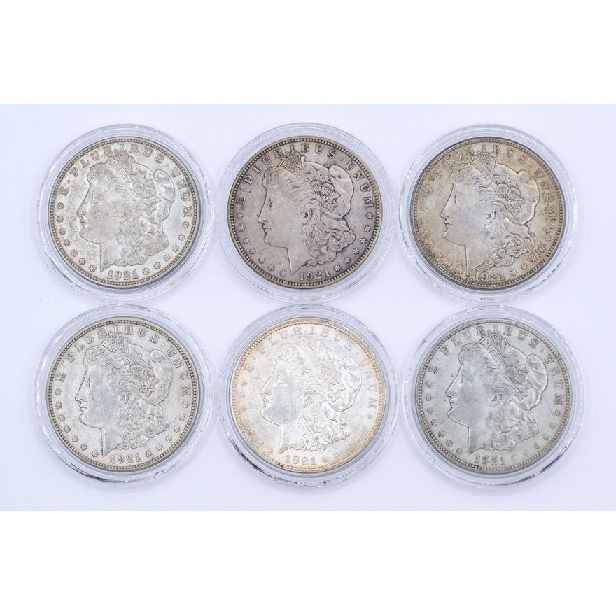 Box 6pc US 1921 Morgan Silver Dollars Cased
