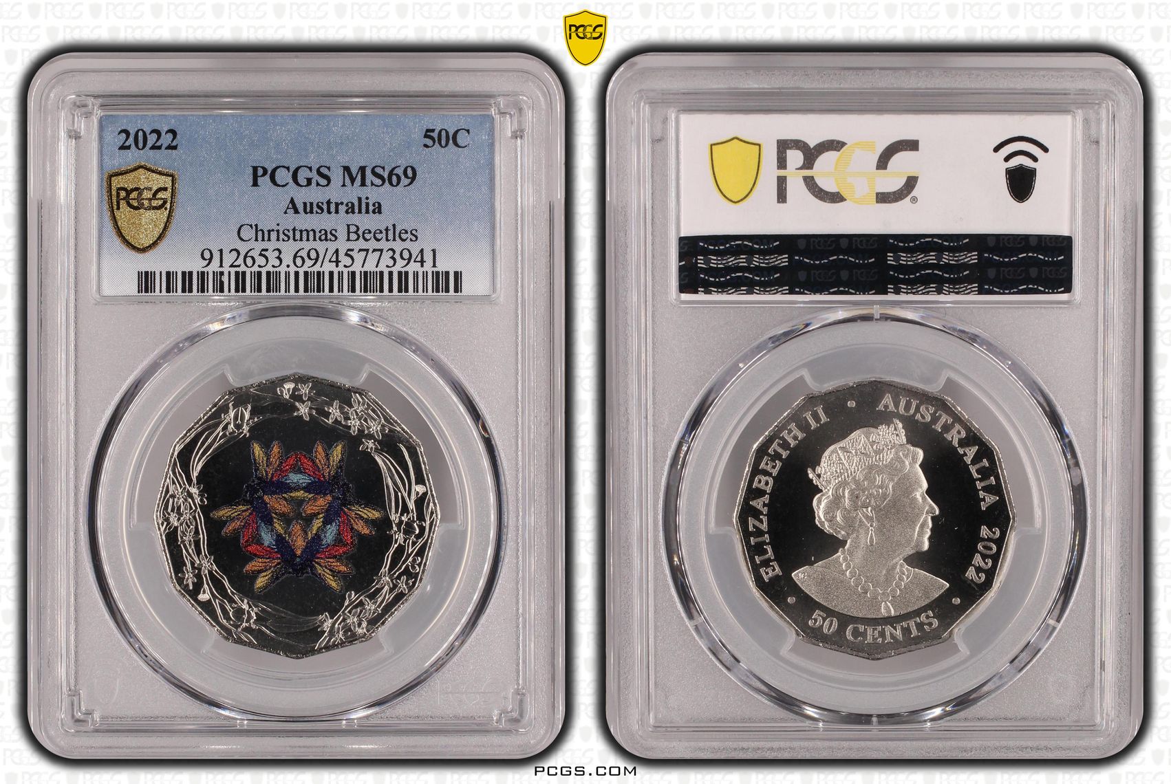 286 · Elizabeth II, Christmas Beetles, Fifty Cent, 2022, PCGS MS69