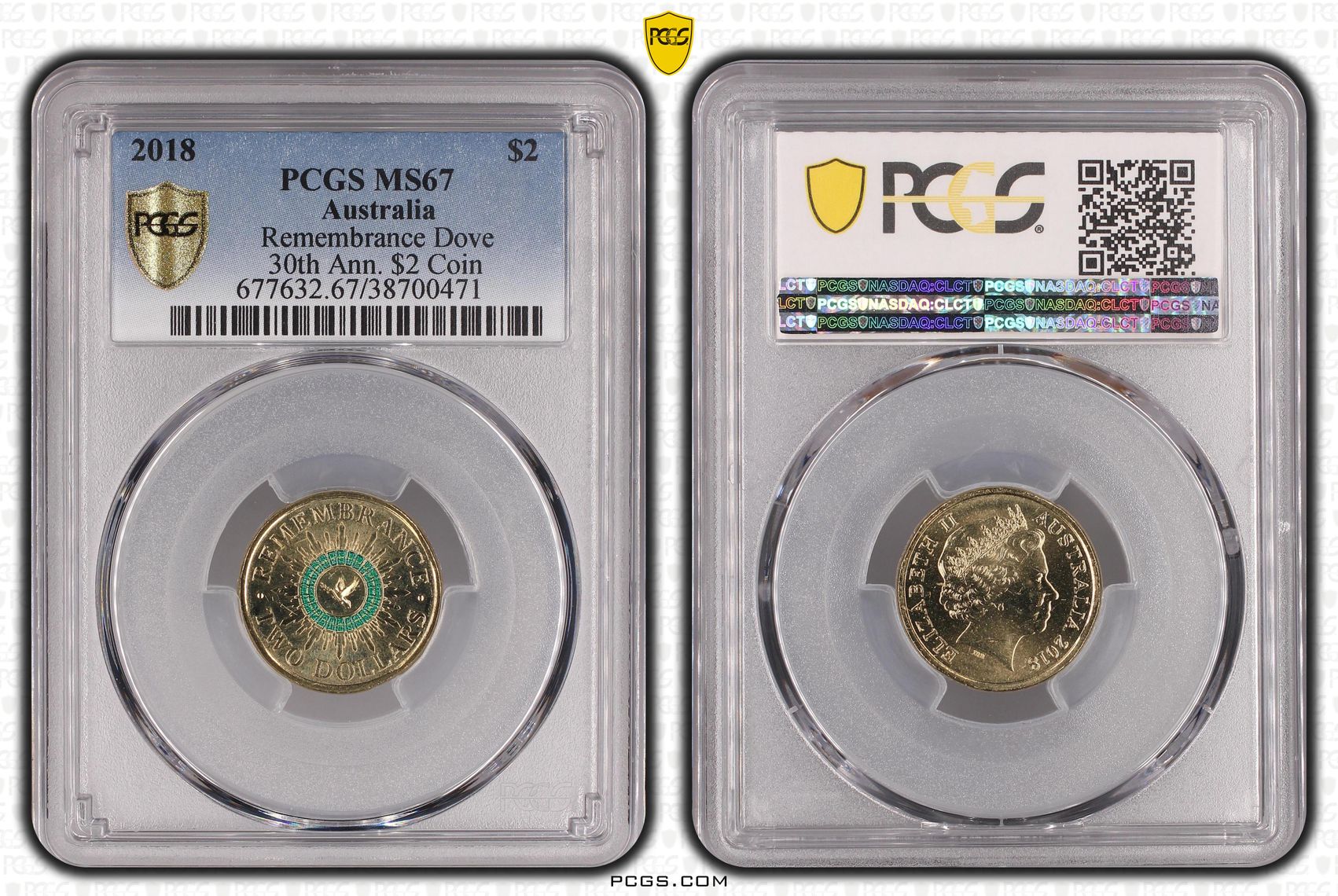 Remembrance Dove Colorized 30th Ann. $2 Coin, Two Dollar, 2018, PCGS MS67