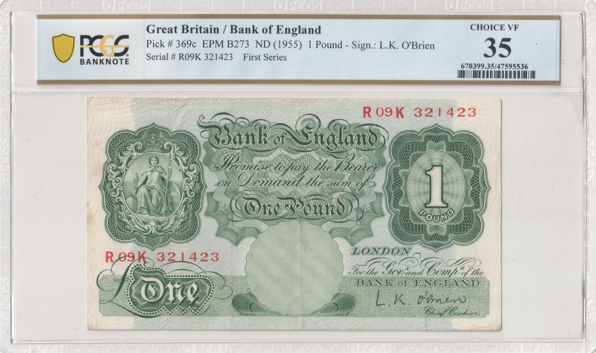 Great Britain, L.K. O'Brien, First Series, One Pound, 1955, PCGS Choice VF 35