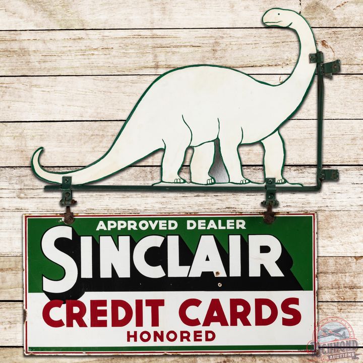 Sinclair Credit Cards Honored DSP Sign w/ Dino Metal Bracket - 8.25 & 8