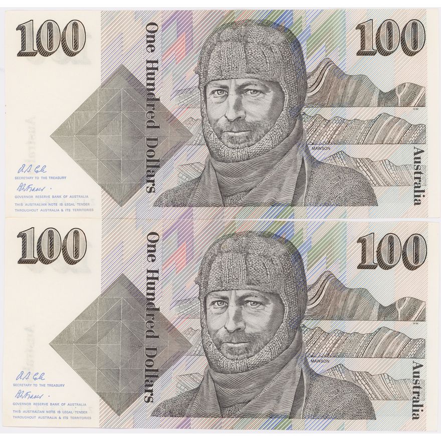 Fraser/Cole, Consecutive Pair, One Hundred Dollars, 1992,  UNC
