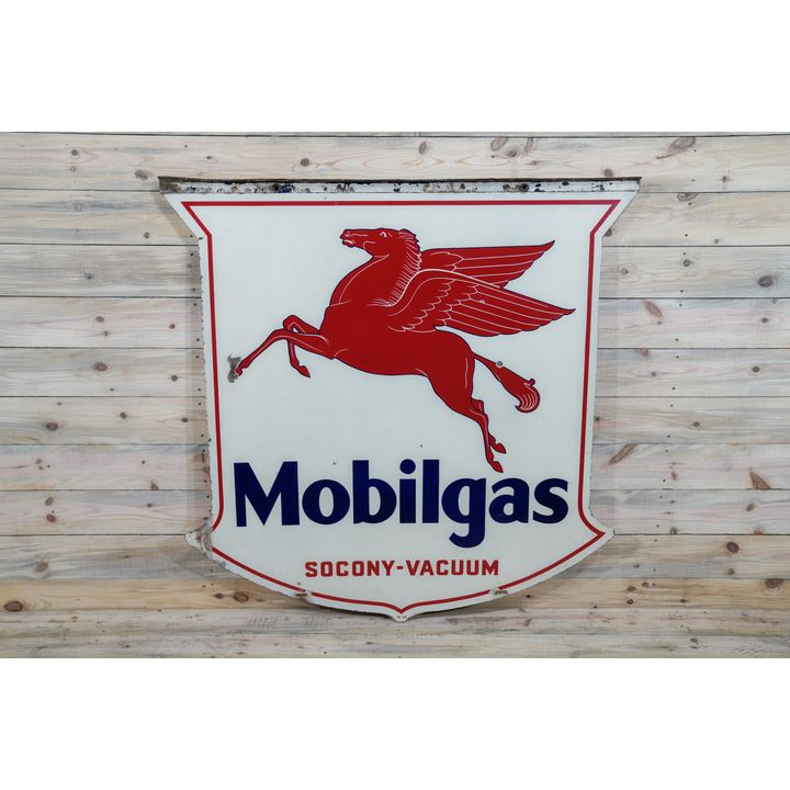 1934 54" Mobilgas Pegasus Socony Vacuum Double Sided Porcelain Shield Shaped Sign TAC 7.75 & 7