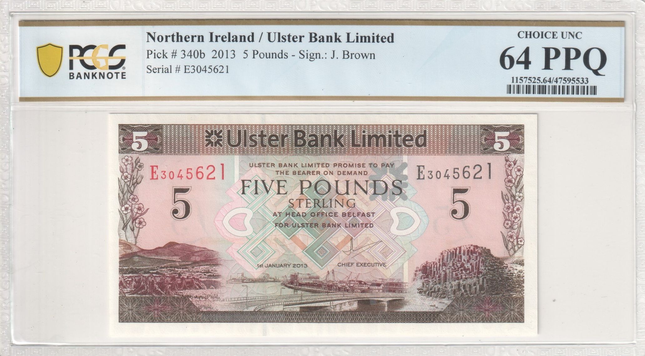 Northern Ireland, Ulster Bank Limited, J. Brown, Five Pound, 2013, PCGS Choice UNC 64 PPQ