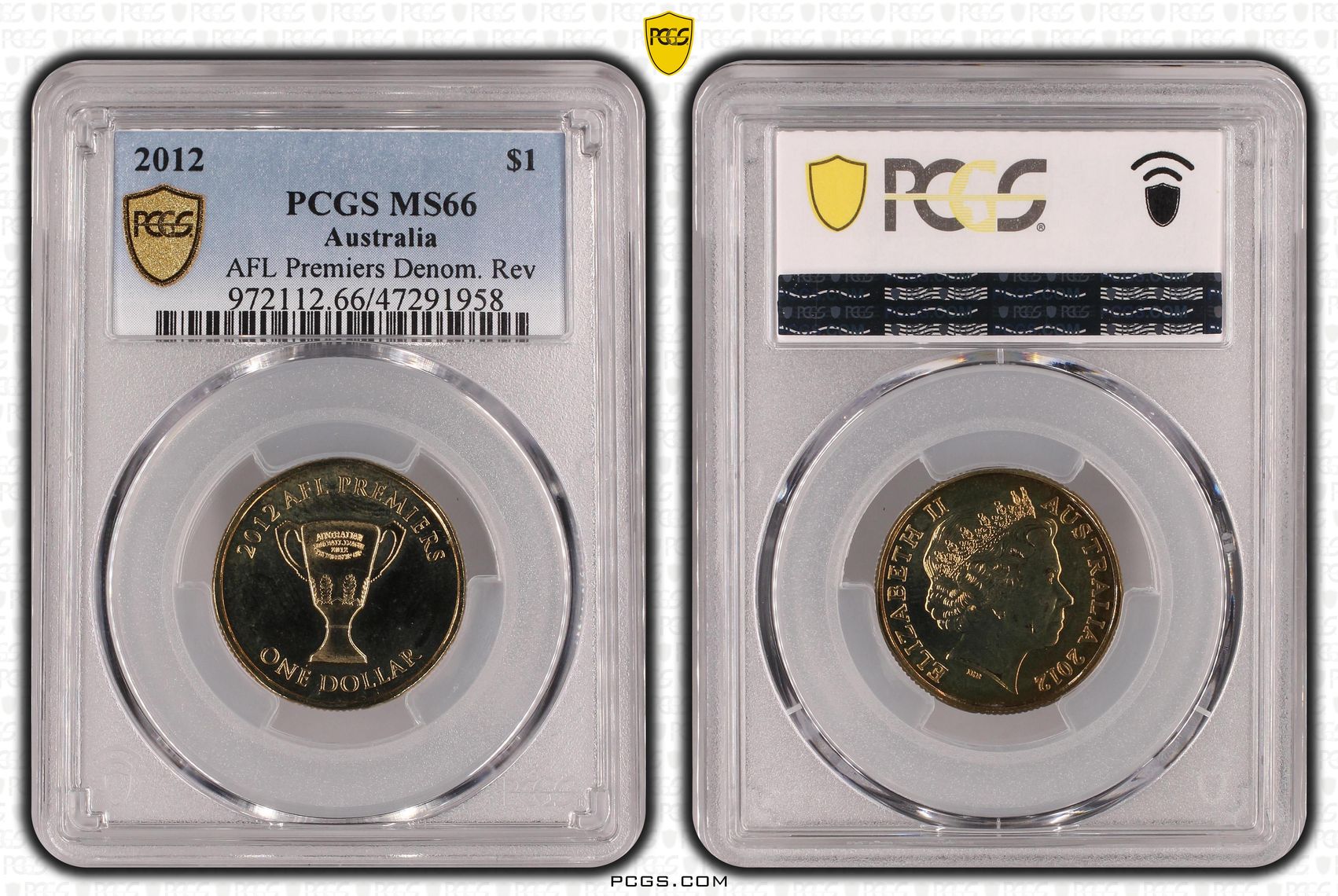 240 · Elizabeth II, AFL Premiers Denom. Rev , One Dollar, 2012, PCGS MS66