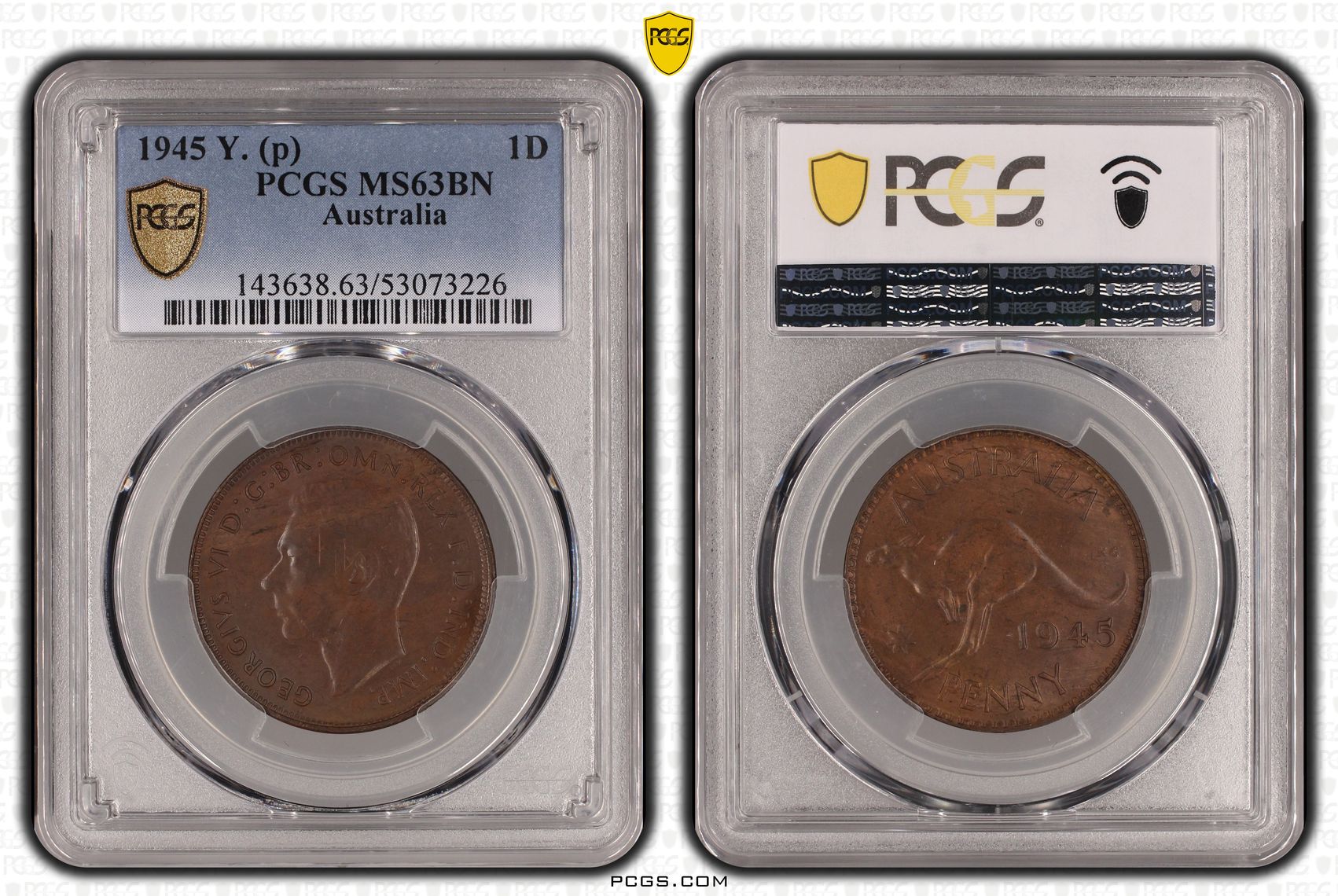 George VI, Penny, 1945 Y., PCGS MS63BN