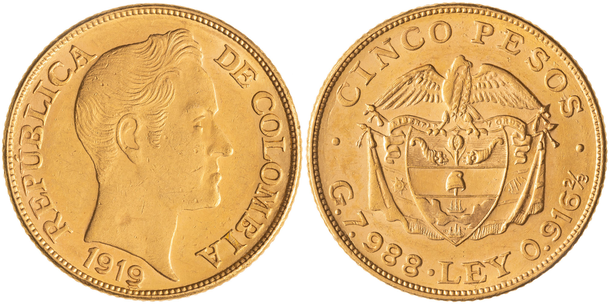 Colombia, Republic, Five Pesos, 1919, aUNC