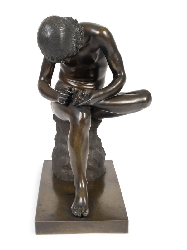 A Continental Bronze Figure of Spinario, After the Antique
Height 18 1/2 x width 8 x depth 13 1/2 inches.