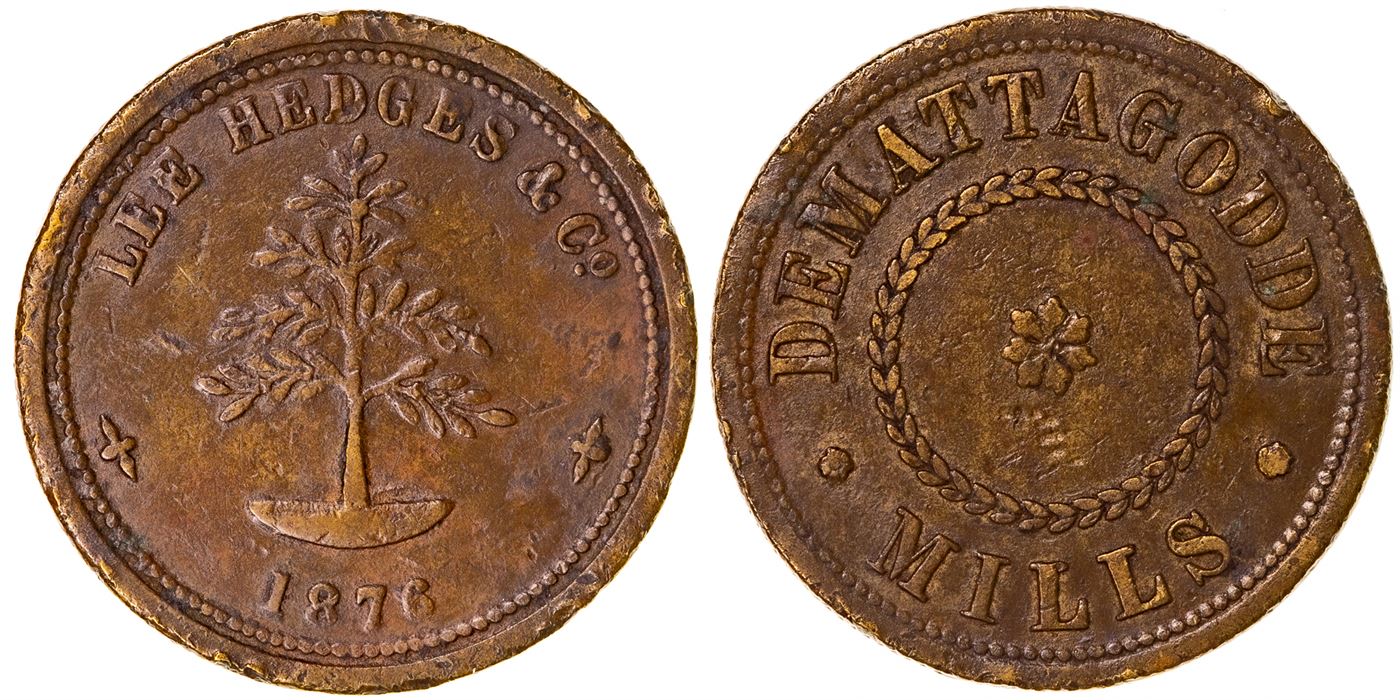 Ceylon, Lee Hedges & Co. Brass Token, 1876, VF