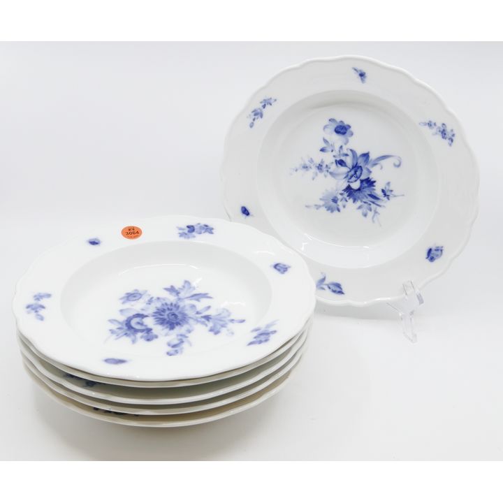 6pc Meissen Blue Flowers and Insects Porcelain Soup Plates- 9.25"