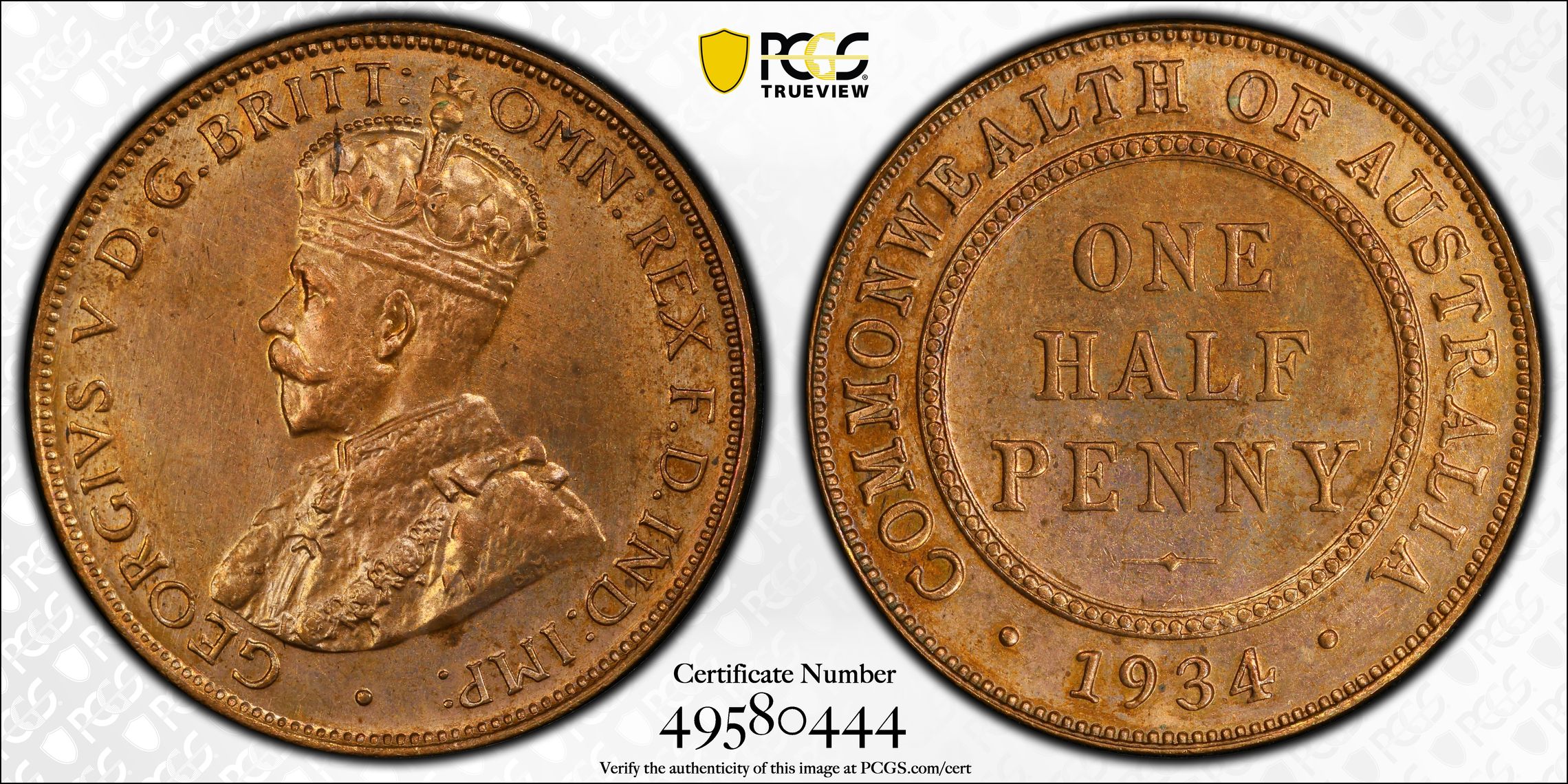 George V, Halfpenny, 1934, PCGS MS64RB