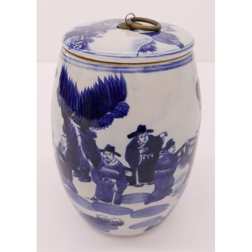 Chinese B&W Porcelain Barrel Jar- 8''