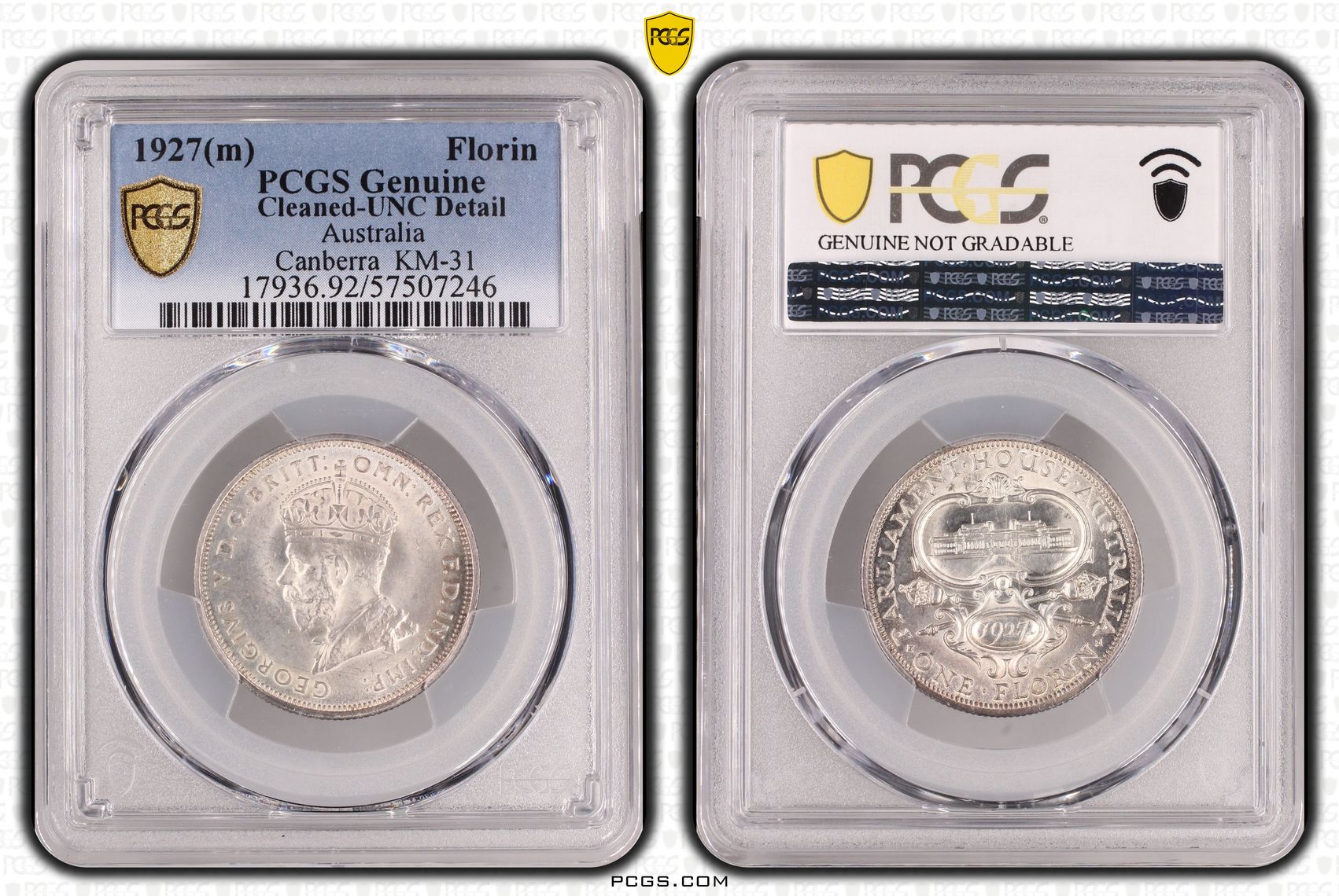 Canberra, Florin, 1927(m), PCGS Genuine - UNC Details (92 - Cleaned)