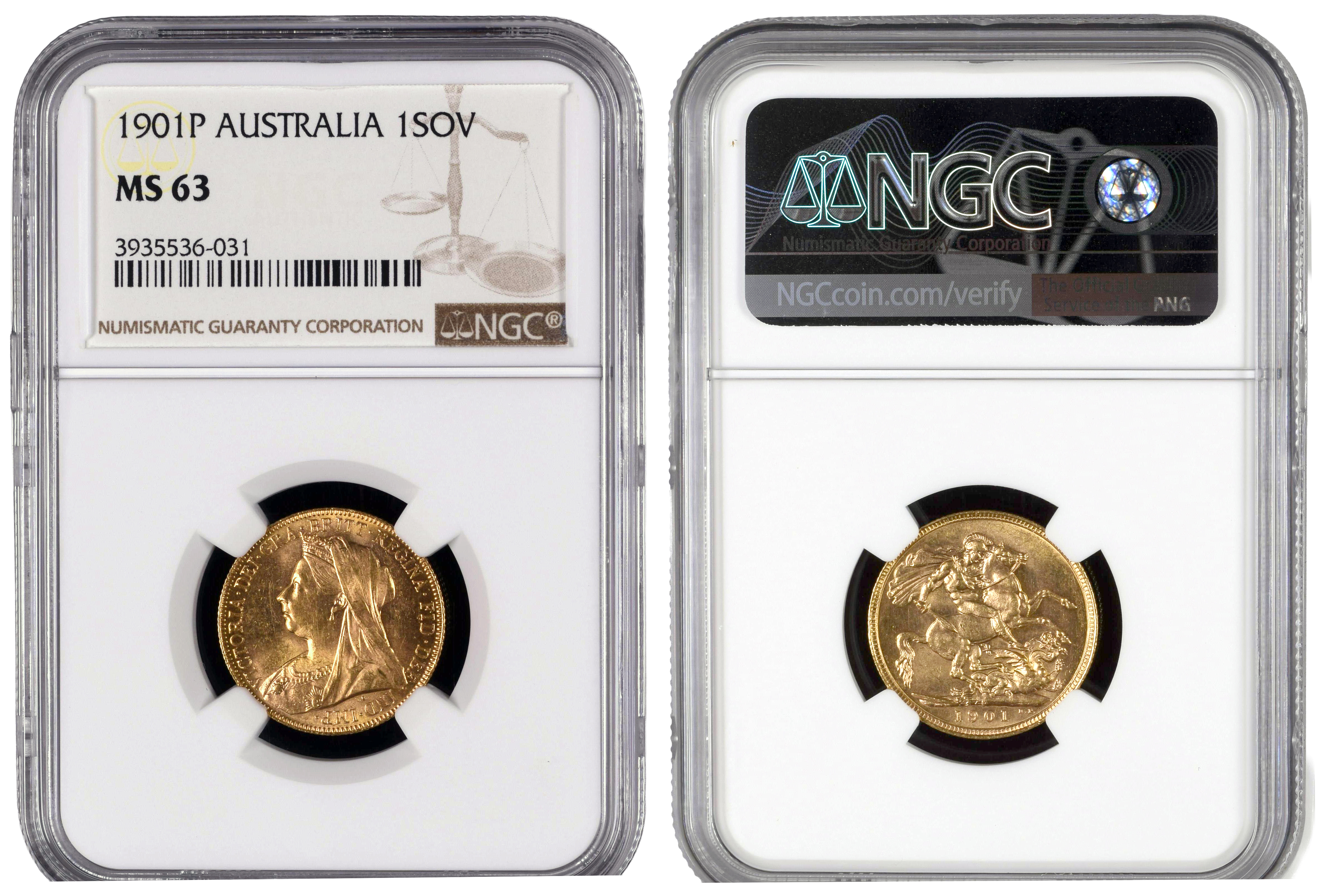 Victoria, St George Reverse, Sovereign, 1901-P, NGC MS63