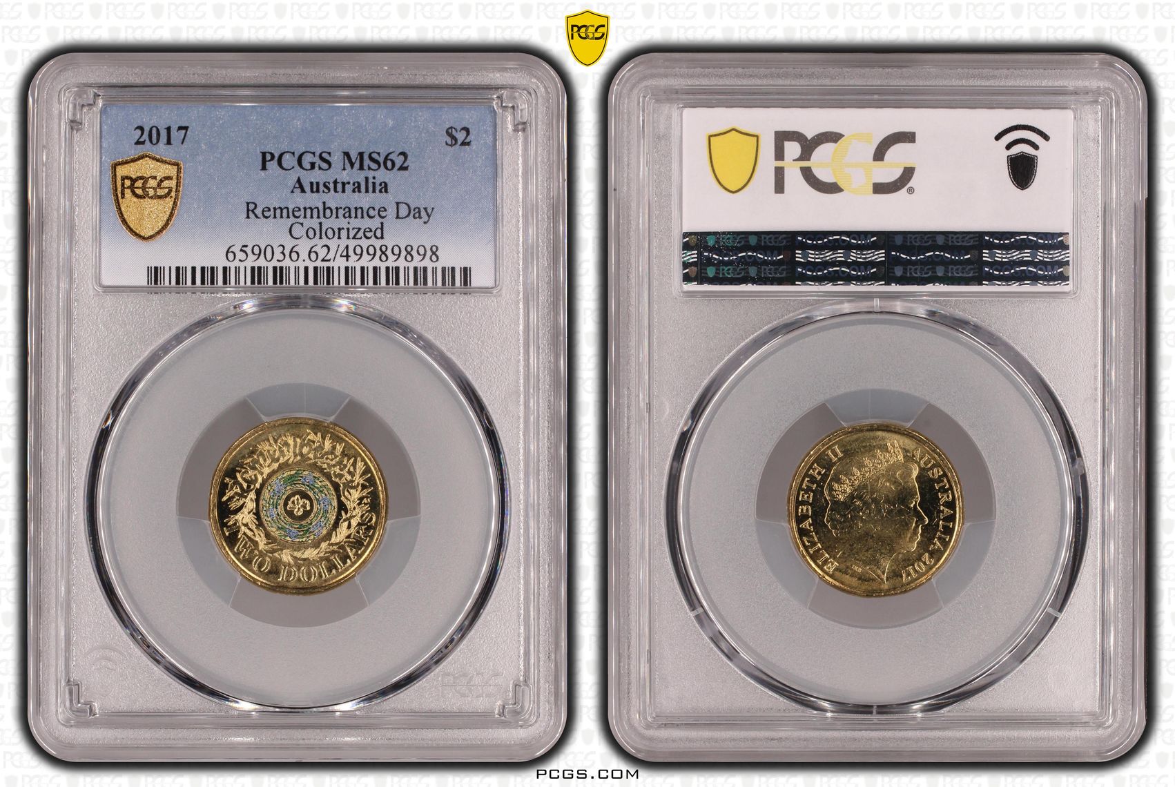 457 · Remembrance Day Colourised, Two Dollar, 2017, PCGS MS62