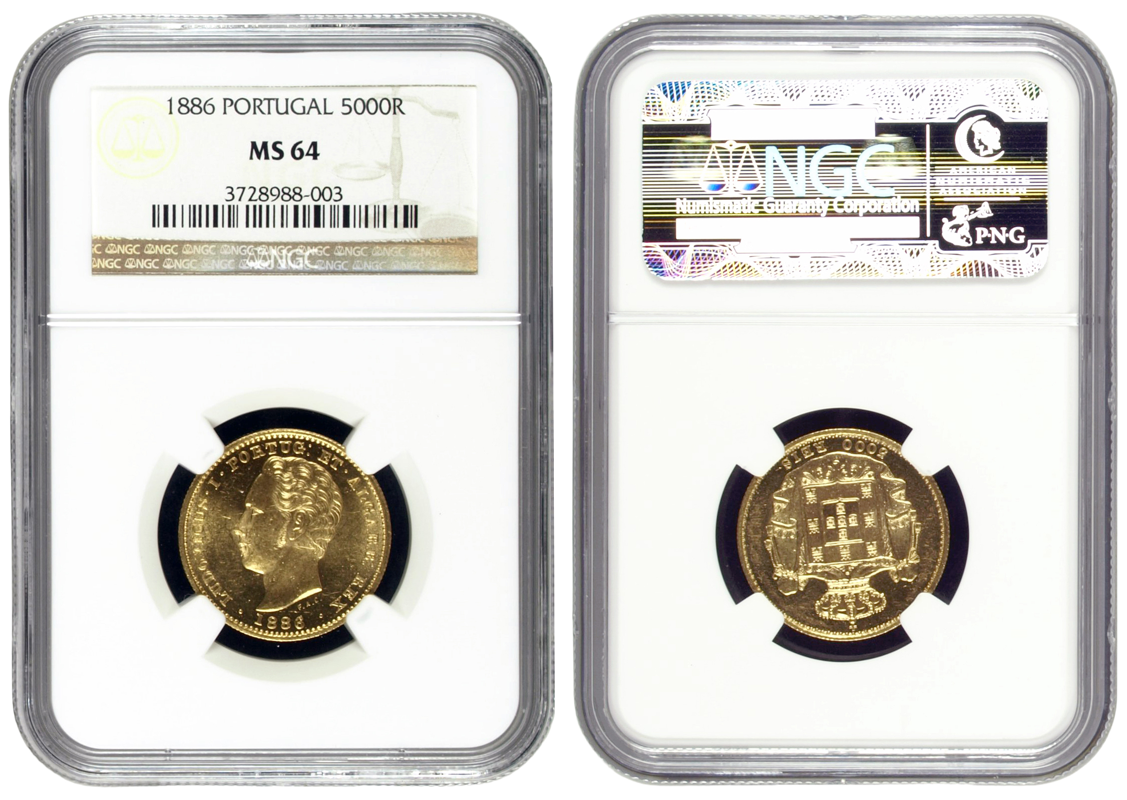 122 · Portugal, Luiz I, Five Thousand Reis, 1886, NGC MS64