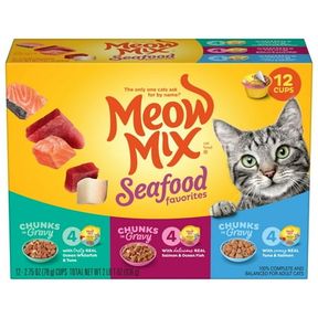 2.75 OZ MEOW MIX SAVORY MORSELS SEAFOOD FAVORITES VARIETY PACK, 2.75 OZ CAN (12 PACK)