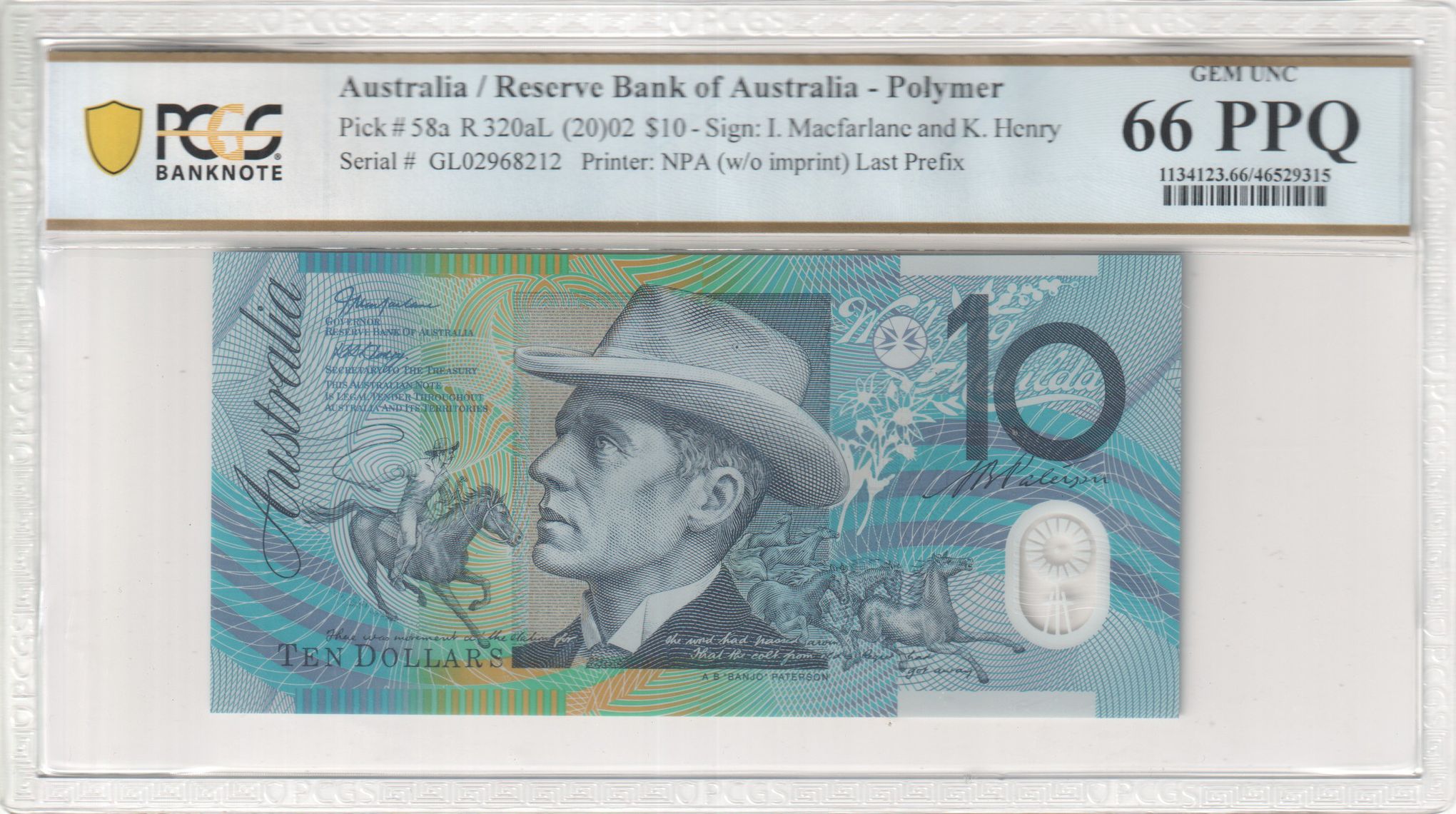 Macfarlane/Henry, Last Prefix, Ten Dollar, 2002, PCGS Gem UNC 66 PPQ