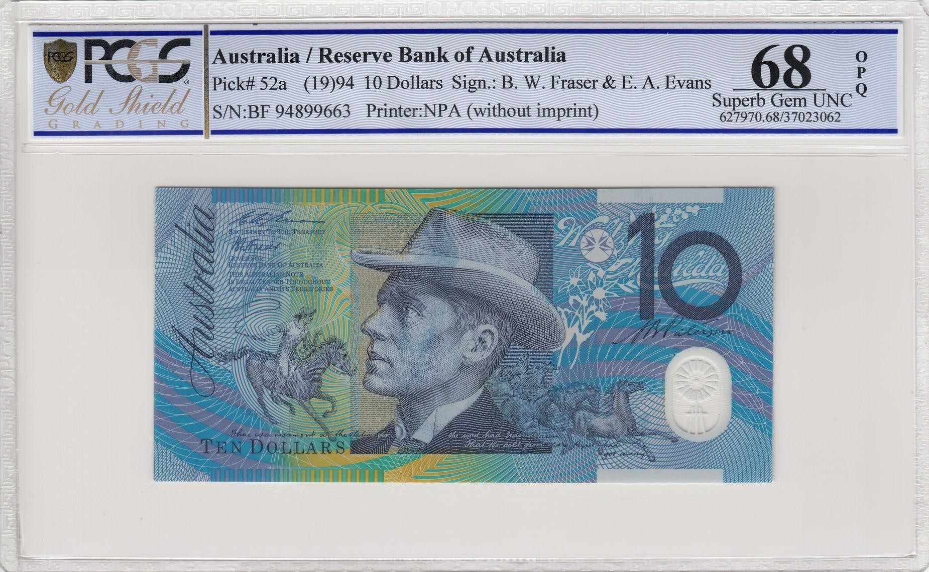 179 · RBA, Polymer, NPA (w/o imprint), Sign.: B.W. Fraser & E.A. Evans, Ten Dollar, 1994, PCGS - Superb Gem UNC 68 PPQ