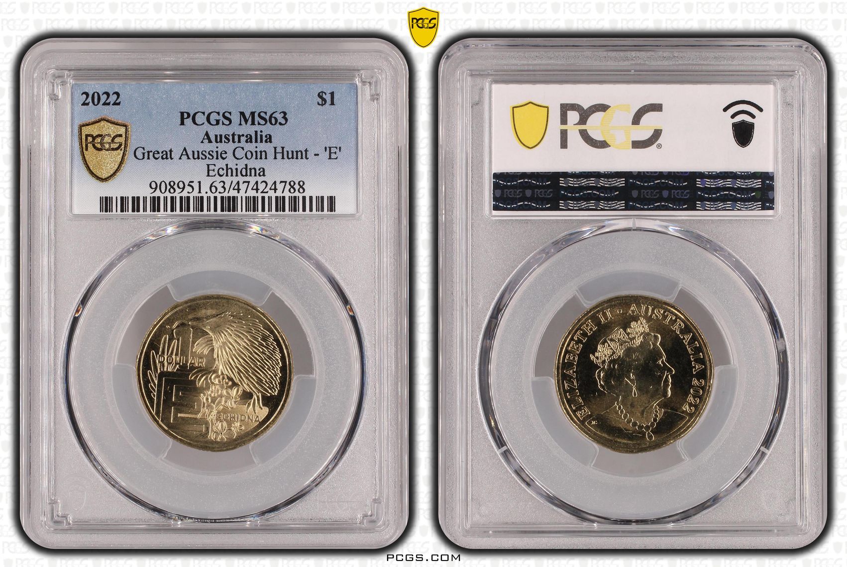 Great Aussie Coin Hunt - 'E', One Dollar, 2022, PCGS MS 63