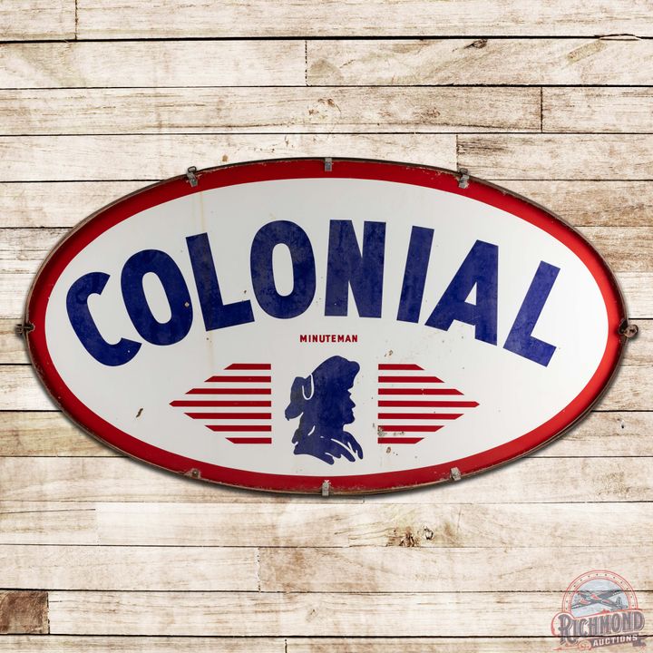 Colonial Minuteman Gasoline 8' DS Porcelain ID Sign w/ Ring