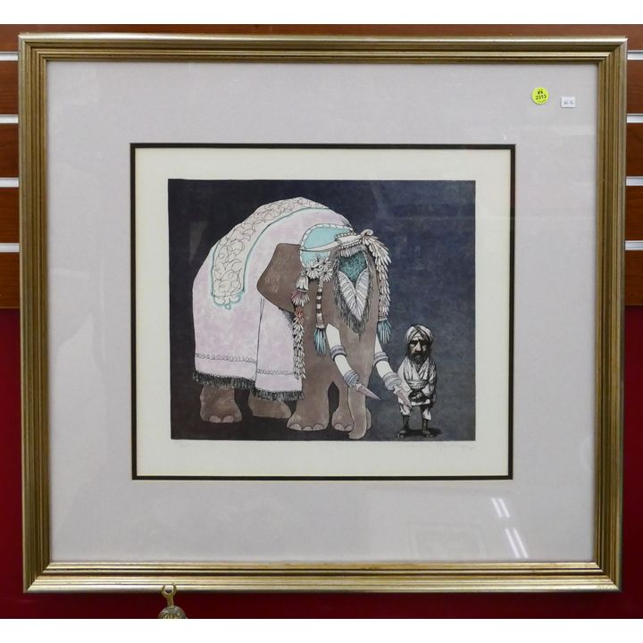 Charles Bragg 'Indian Elephant' S/N Lithograph Framed- 25x27''