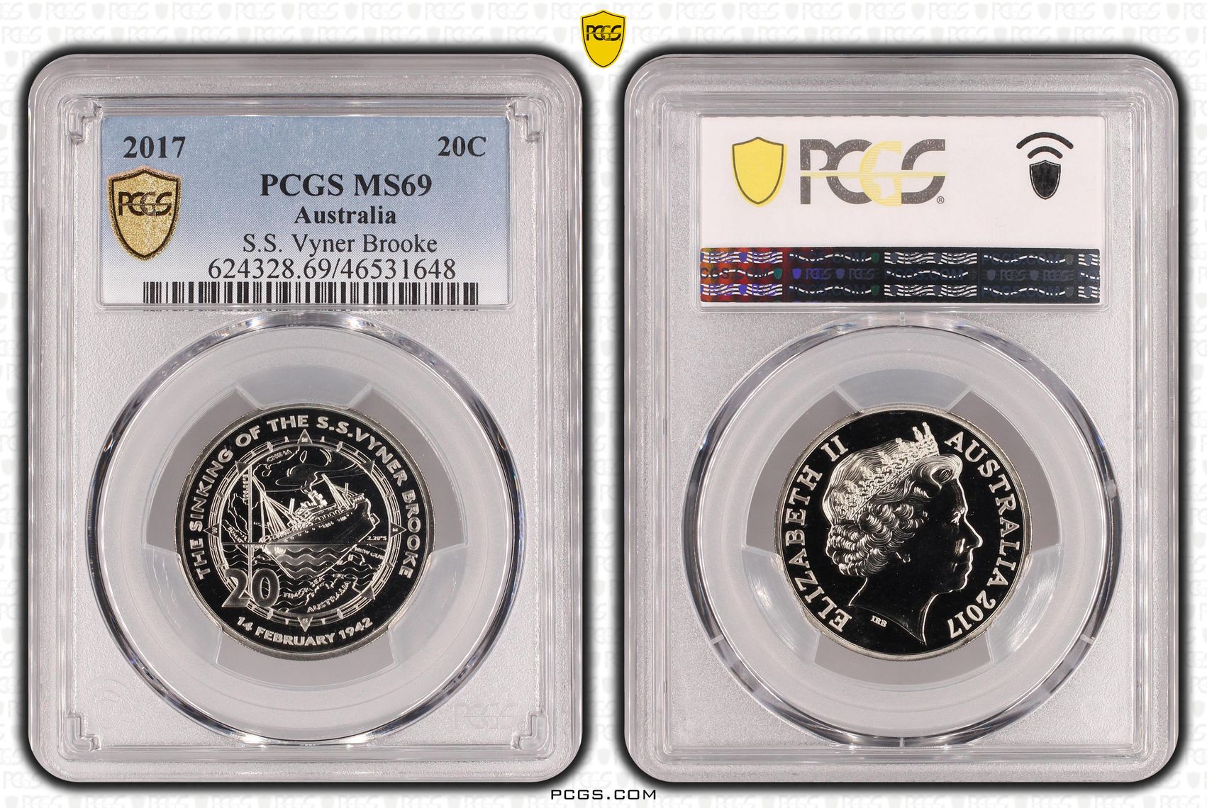 Elizabeth II, Sinking of the S.S. Vyner Brooke, POP 12/0, Twenty Cent, 2017, PCGS MS 69