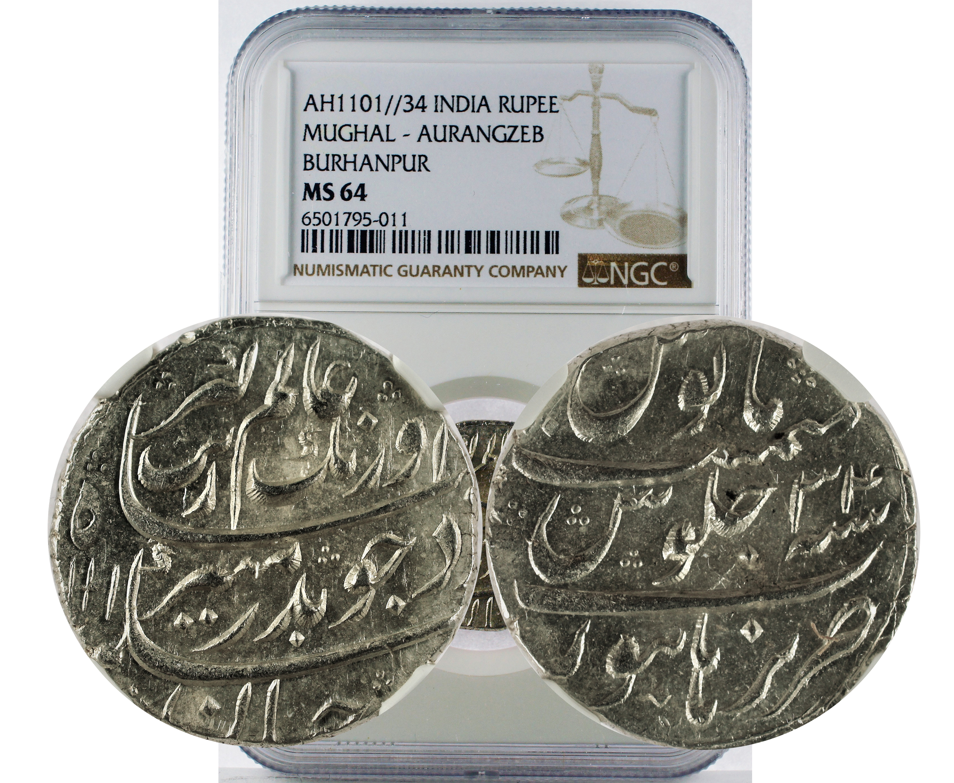 AH1101//34 INDIA MUGHAL - AURANGZEB BURHANPUR RUPEE MS 64