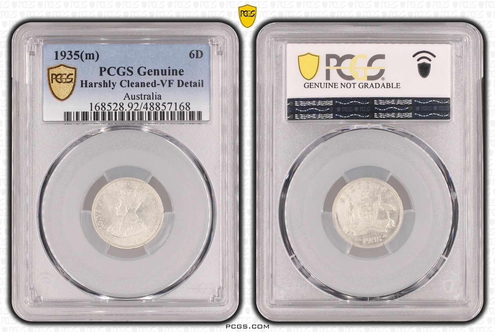 Sixpence, 1935(m), PCGS Genuine - VF Details (92 - Cleaned)