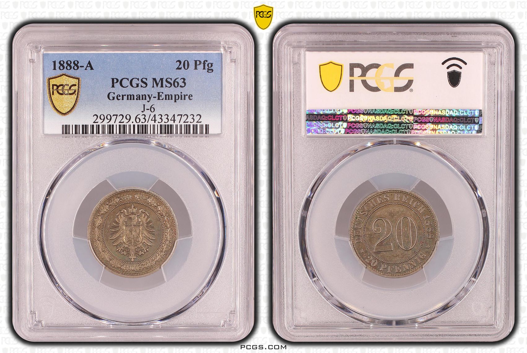 Germany-Empire, J-6, Twenty Pfennig, 1888-A, PCGS MS63