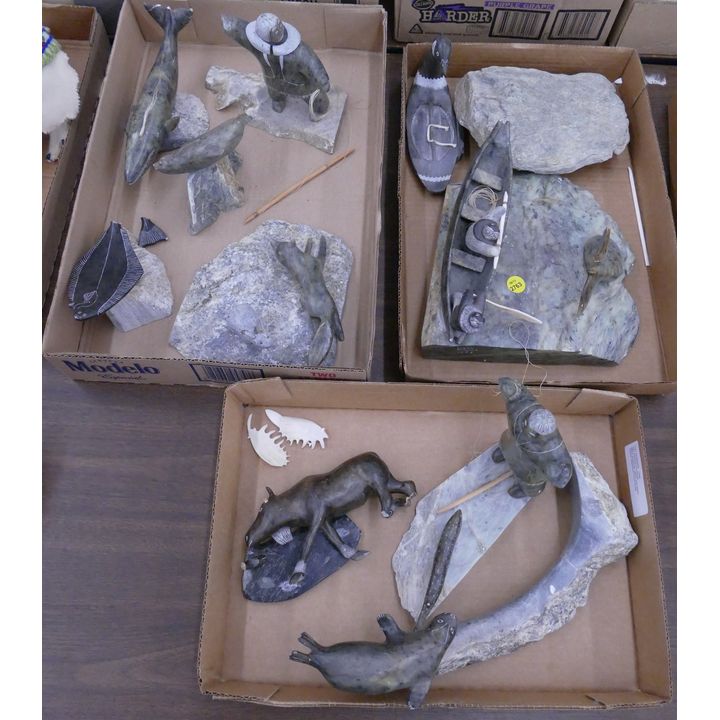 3 Boxes Glenn Tingook Alaskan Soapstone Carvings As Is