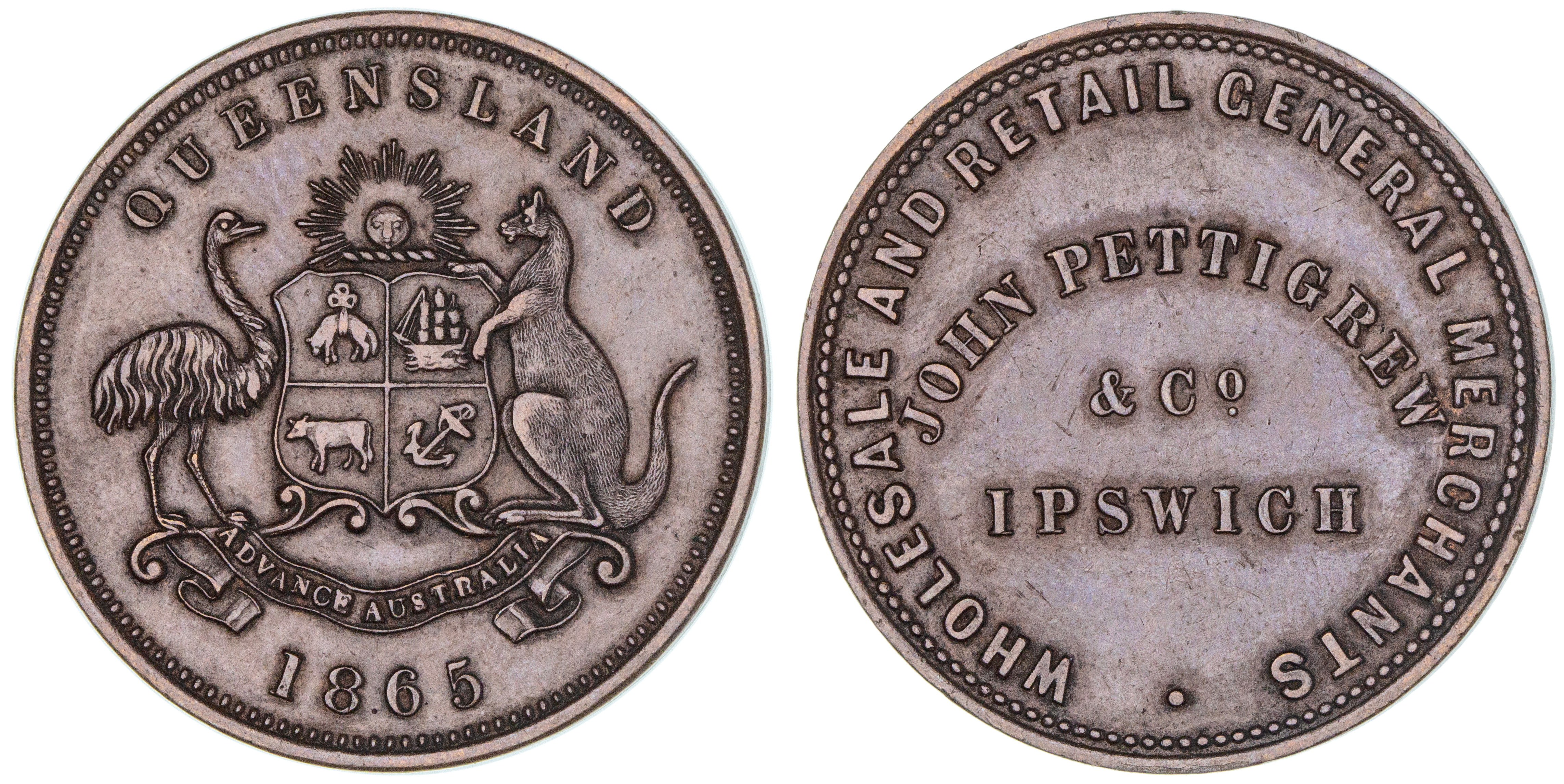 J. Pettigrew, Ipswich, Queensland, Penny, 1865, aEF