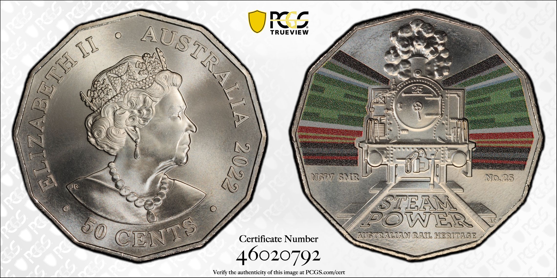 NSW S. Maitland Rail No.25 - Australian Rail Heritage, Fifty Cent, 2022, PCGS MS69
