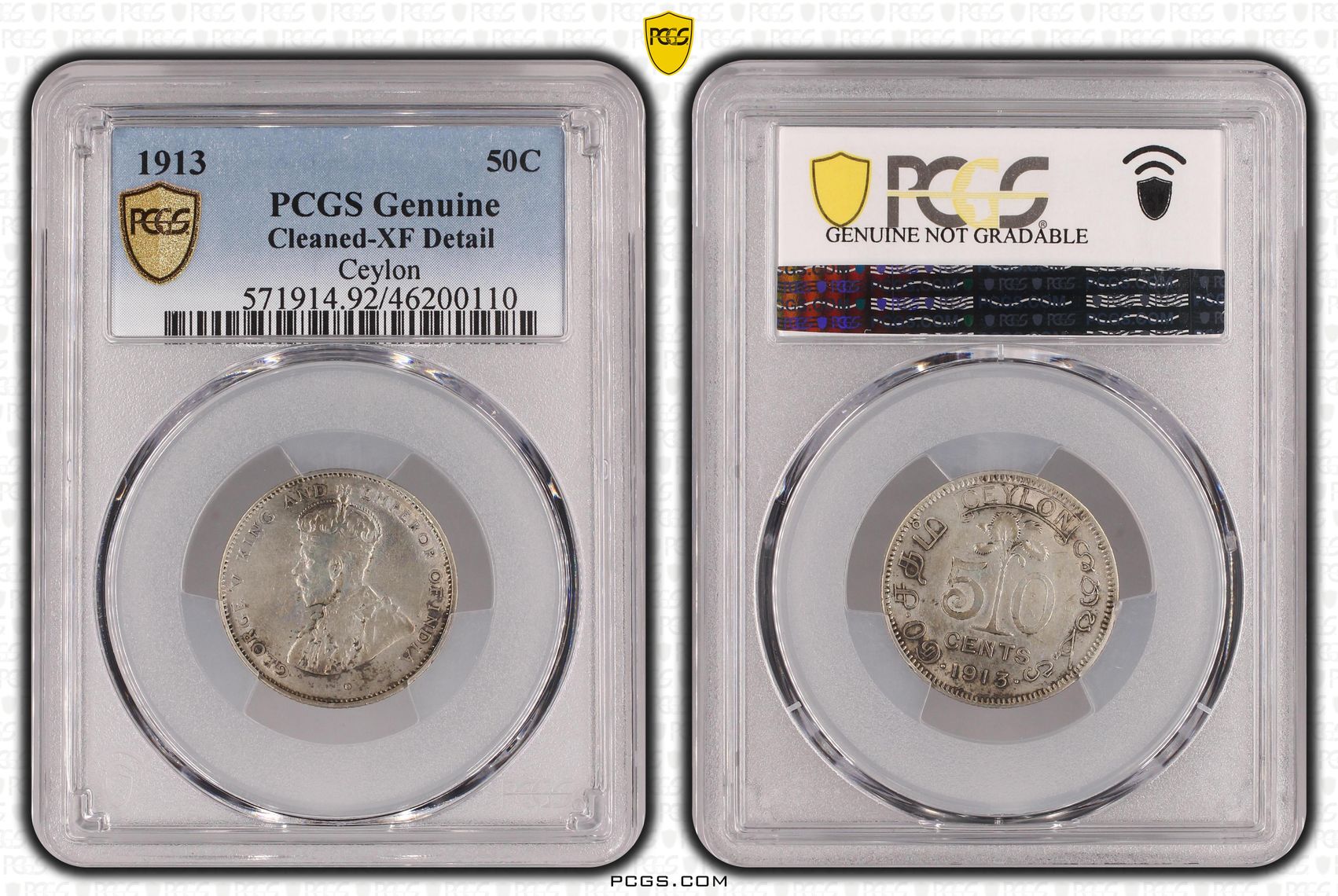 Ceylon, Fifty Cent, 1913, PCGS Genuine - XF Details (92 - Cleaned)