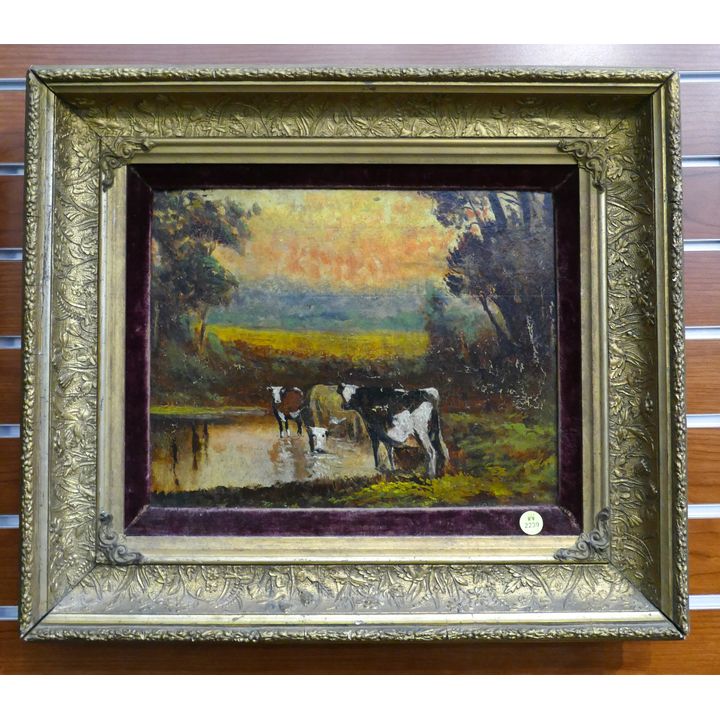 Antique Naive Cows Drinking from Pond Oil on Board Framed- 17x21''