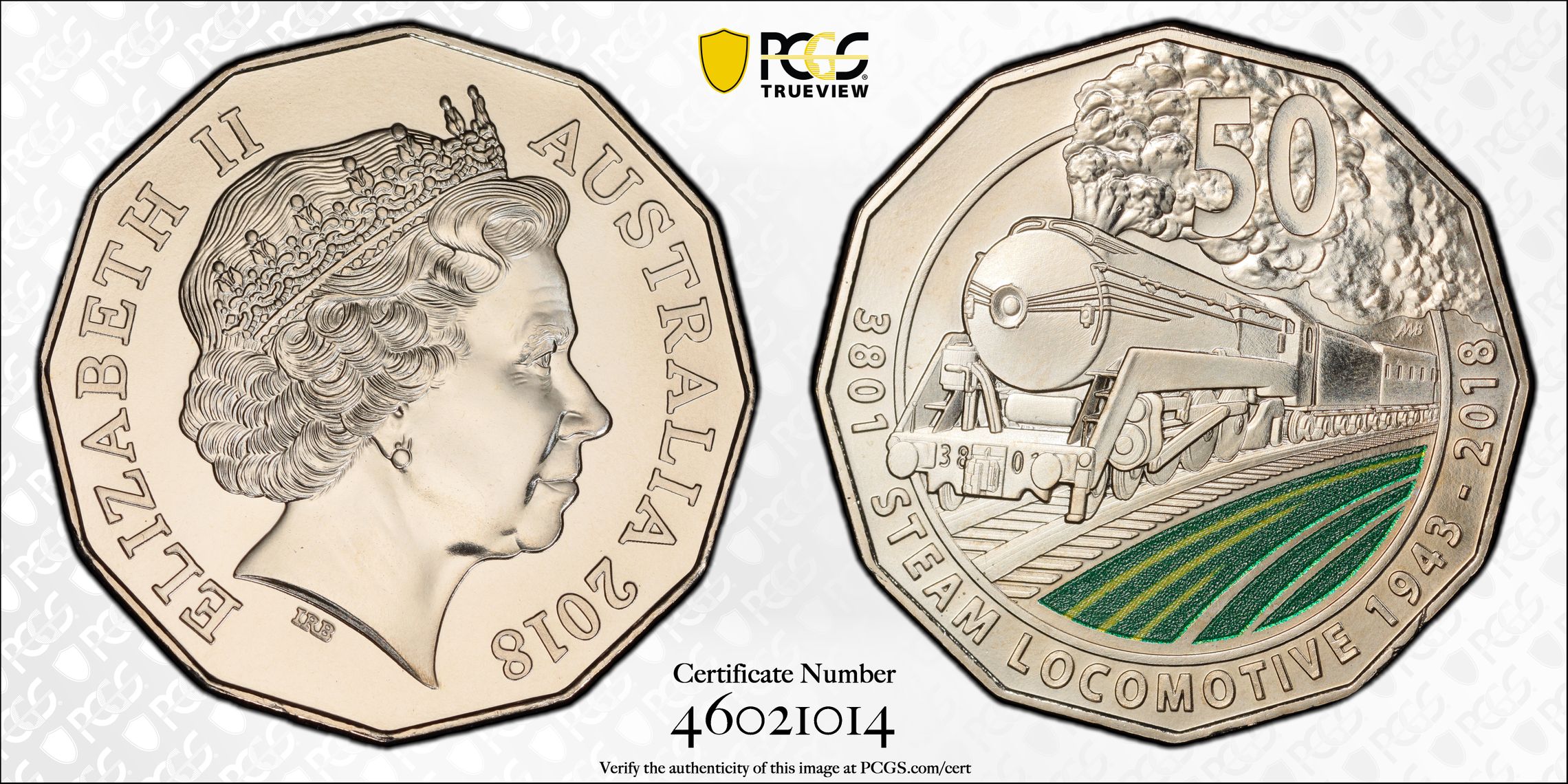 385 · 3801 Steam Locomotive, Fifty Cent, 2018, PCGS MS69