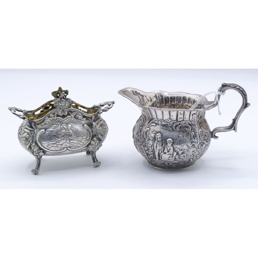 2pc Antique Hanau Silver Ornate Creamer & Master Salt 4''