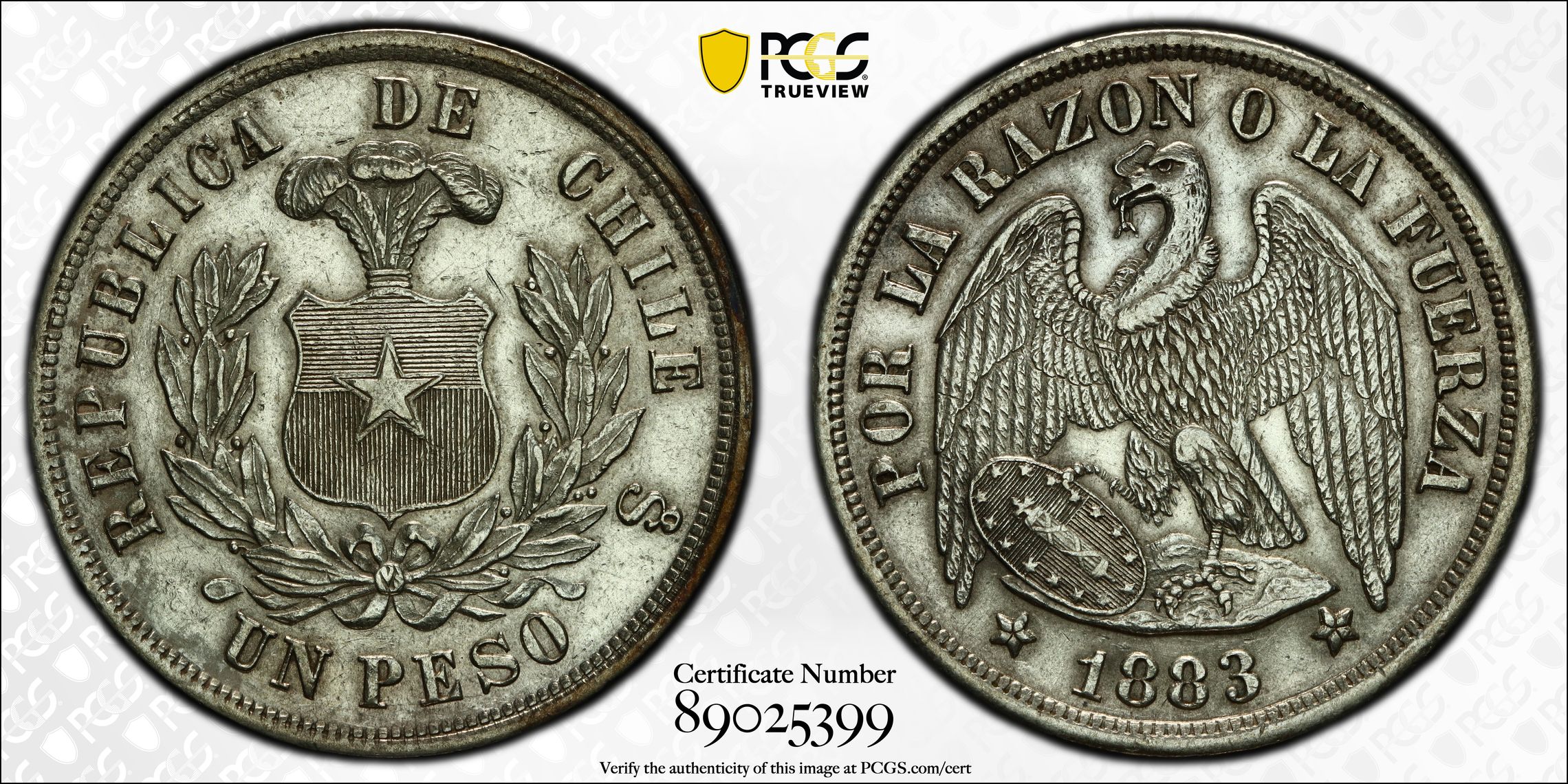 Chile, Round Top 3, Peso, 1883-So, PCGS Genuine - AU Details (92 - Cleaned)