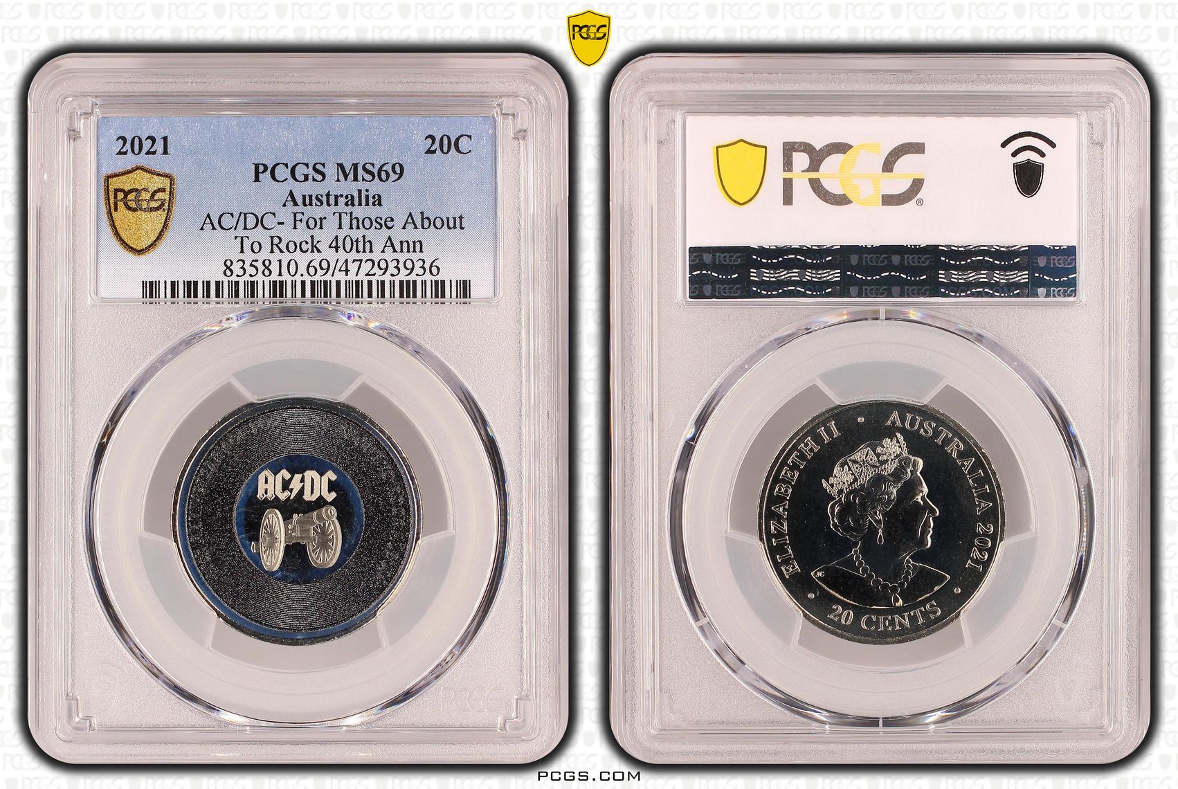 Elizabeth II, AC/DC- For Those About To Rock, Twenty Cent, 2021, PCGS MS69
