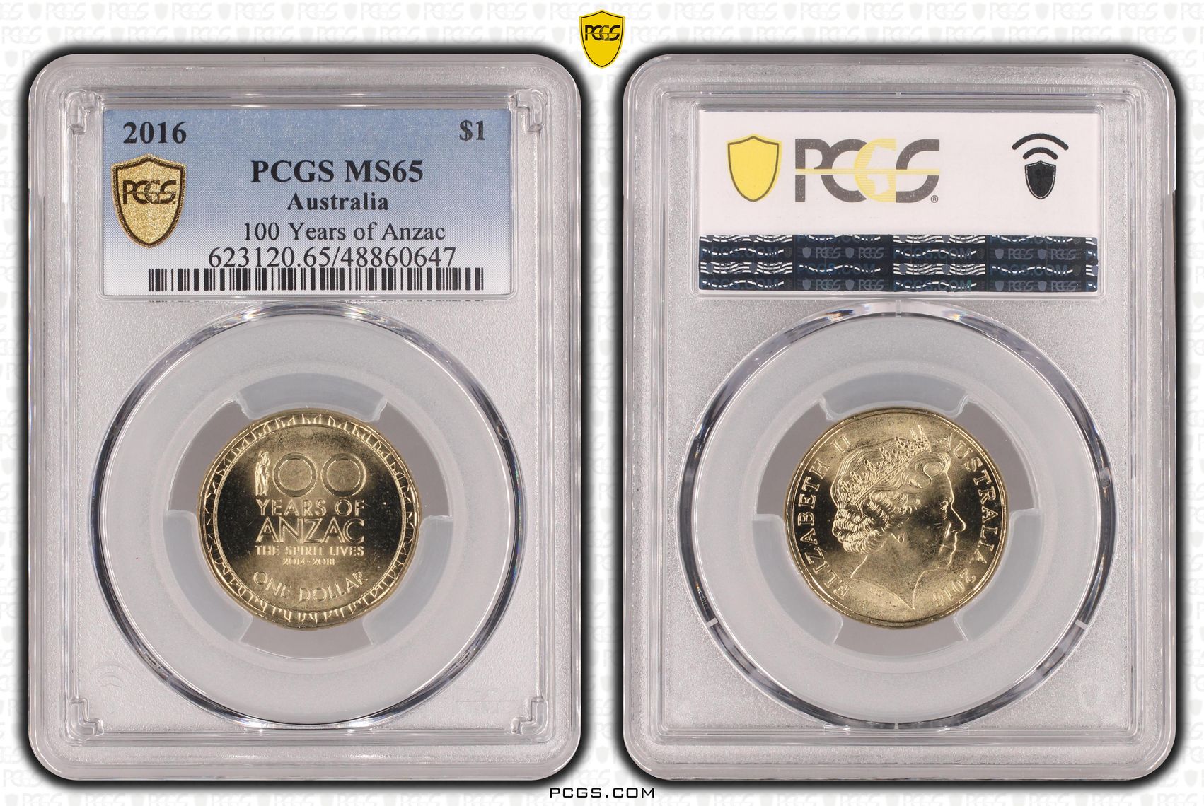 414 · Elizabeth II, 100 Years of Anzac , One Dollar, 2016, PCGS MS65